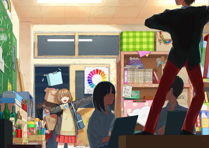 2boys 3girls :d ^_^ accident bag black_eyes black_hair black_jacket blue_bag book book_stack bottle box brown_hair bucket cardboard_box chalkboard closed_eyes collared_shirt crack cracked_ceiling cracked_wall drawing_(action) dress_shirt eyes_visible_through_hair falling fluorescent_lamp highres holding holding_box jacket legs_apart long_hair miniskirt multiple_boys multiple_girls open_clothes open_jacket open_mouth original paint_stains paint_tube pants pleated_skirt rainbow red_pants red_skirt school school_bag school_uniform shelf shirt shirt_under_sweater short_hair sketchbook skirt smile standing sweat sweater teeth tissue_box upper_teeth_only white_shirt yellow_sweater yoshioka_suke
