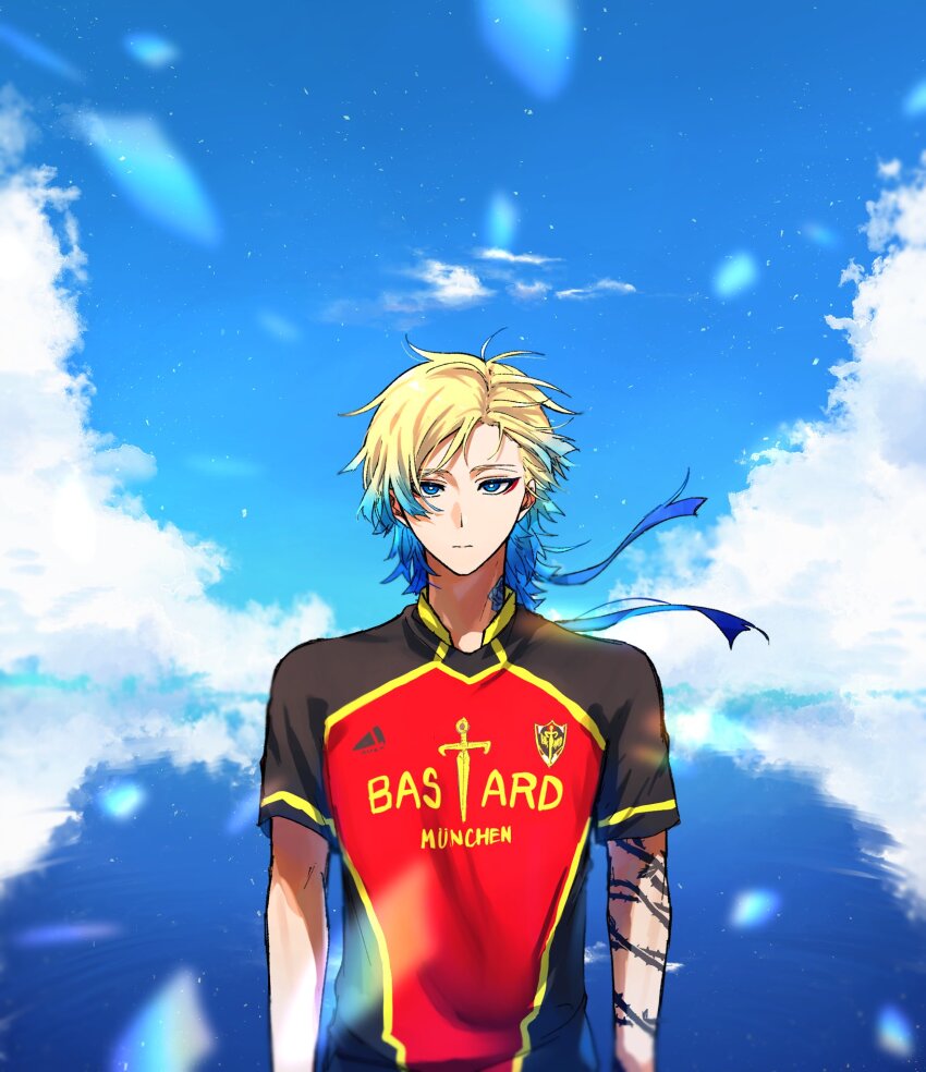 1boy arm_tattoo black_shirt blonde_hair blue_background blue_eyes blue_hair blue_lock blue_sky closed_mouth cowboy_shot fun1_fn gradient_hair highres looking_at_viewer male_focus michael_kaiser multicolored_hair neck_tattoo red_shirt shirt short_sleeves sky solo standing tattoo tsurime two-tone_hair two-tone_shirt