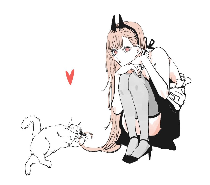 1girl bare_arms bare_shoulders black_footwear black_hairband black_skirt breasts cat chainsaw_man cleavage cross-shaped_pupils demon_horns full_body furrowed_brow grey_thighhighs hairband highres horns hugging_own_legs long_hair looking_at_viewer medium_breasts meowy_(chainsaw_man) needbee_r orange_hair power_(chainsaw_man) puckered_lips red_eyes shirt skirt squatting strappy_heels symbol-shaped_pupils thighhighs white_background white_cat white_shirt