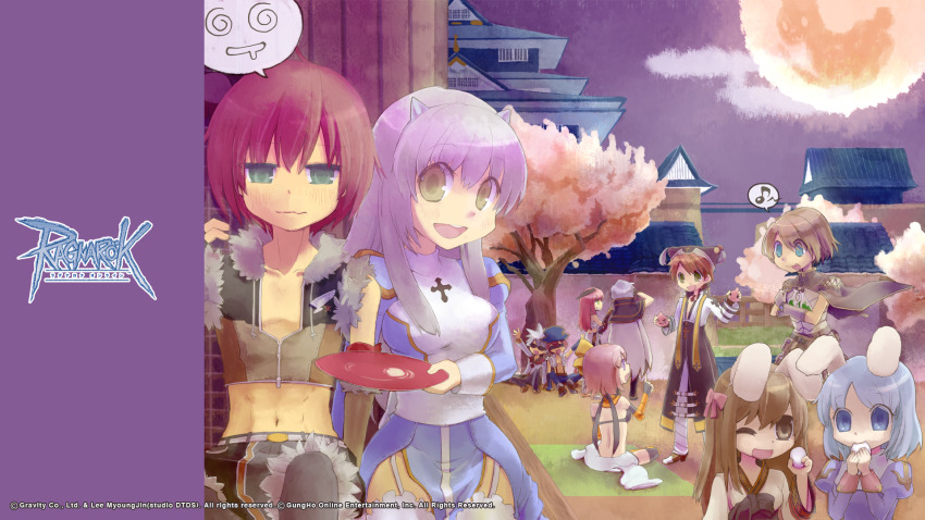 &gt;_&lt; 4boys 5girls :3 :p alcohol alternate_color animal_ears arch_bishop_(ragnarok_online) aura_(a440) black_coat black_hat black_pants blindfold blue_dress blue_eyes blue_pants blush breasts brown_cape brown_gloves brown_hair brown_shirt brown_shorts cape castle cherry_blossoms chest_sarashi closed_mouth cloud coat cone_horns copyright_notice cowboy_shot creator_(ragnarok_online) crop_top cross cross_necklace cup dress drunk fake_animal_ears fake_horns full_moon fur-trimmed_gloves fur-trimmed_shirt fur-trimmed_shorts fur_trim garter_straps gloves green_eyes grey_horns grey_pants guest_art hanbok hat head_wings high_priest_(ragnarok_online) highres holding holding_cup horns jacket jewelry juliet_sleeves korean_clothes logo long_hair long_sleeves looking_at_viewer mechanic_(ragnarok_online) medium_breasts midriff moon moon_rabbit multiple_boys multiple_girls musical_note navel necklace night noah_hat_(ragnarok_online) official_art official_wallpaper open_mouth outdoors pants pants_under_shorts party pink_hair poring potion priest_(ragnarok_online) puffy_sleeves purple_hair purple_sky rabbit_ears ragnarok_online red_hair sakazuki sake sarashi sash shirt short_hair shorts sitting sky sleeveless sleeveless_shirt slime_(creature) smile sniper_(ragnarok_online) soul_linker_(ragnarok_online) spoken_musical_note standing sura_(ragnarok_online) thighhighs tongue tongue_out tree two-tone_dress two-tone_shirt wavy_mouth white_dress white_gloves white_hair white_jacket white_sash white_shirt white_thighhighs whitesmith_(ragnarok_online) wings wizard_(ragnarok_online) yellow_eyes