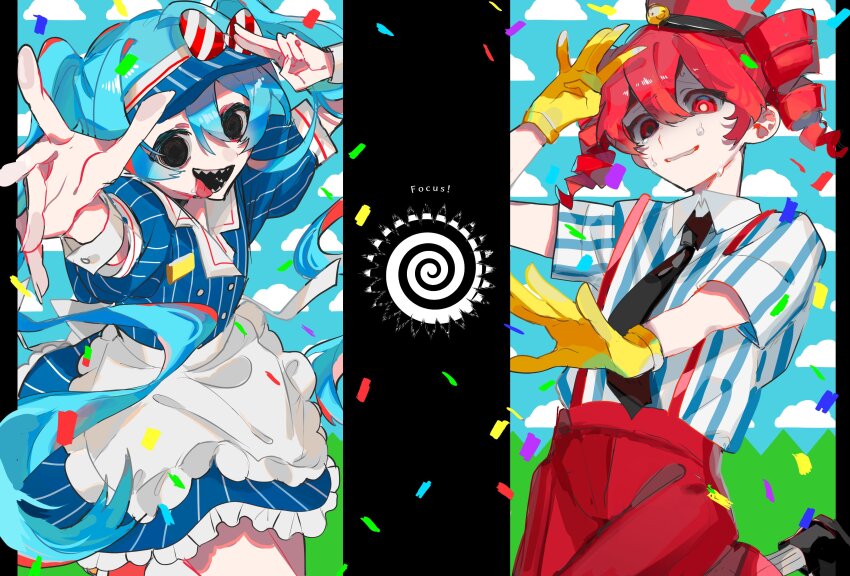 2girls absurdres alternate_costume apron arm_up black_necktie black_shoes blue_dress blue_hair blue_hat blue_sky bow bright_pupils buttons cloud collared_dress collared_shirt confetti crying crying_with_eyes_open double-breasted dress drill_hair flat_chest gloves grey_shirt grin hair_between_eyes hair_ornament hashtag-only_commentary hat hat_bow hatsune_miku highres kasane_teto kepi leg_up long_hair looking_at_viewer mesmerizer_(vocaloid) military_hat mismatched_pupils multiple_girls necktie nervous_smile outstretched_arm pants pinstripe_dress pinstripe_hat pinstripe_pattern reaching reaching_towards_viewer red_bow red_eyes red_hair red_hat red_pants sailor_collar sharp_teeth shirt shoes short_sleeves sky smile smiley_hat_ornament spiral striped_clothes striped_shirt suspenders tears teeth tongue tongue_out twin_drills twintails two-tone_bow utau very_long_hair vocaloid w_koj waist_apron white_apron white_bow white_pupils white_sailor_collar white_wrist_cuffs wing_collar wrist_cuffs yellow_gloves