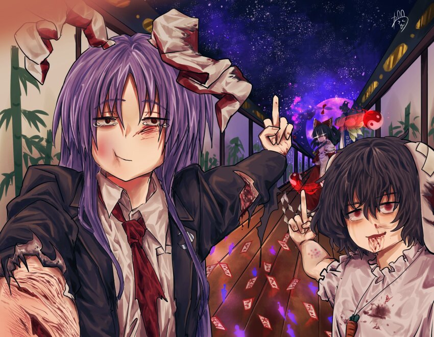 +_+ angry animal_ears architecture ascot bandages black_hair blazer bleeding blood blood_on_face bow carrot carrot_necklace crescent_moon danmaku detached_sleeves dress east_asian_architecture eientei frilled_bow frilled_hair_tubes frills gohei hair_between_eyes hair_bow hair_tubes hakurei_reimu highres imperishable_night inaba_tewi injury jacket jewelry long_hair middle_finger moon multiple_girls necklace necktie night night_sky ofuda open_mouth pink_skirt purple_hair rabbit_ears rabbit_girl red_bow red_eyes red_necktie red_skirt reisen_udongein_inaba ribbon-trimmed_sleeves ribbon_trim selfie short_hair skirt sky smile torn_clothes touhou yakumo_ran yellow_ascot yin_yang yukine_0930