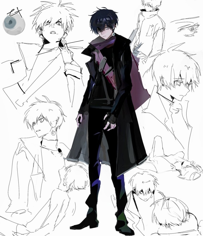1boy black_coat black_footwear black_gloves black_hair blue_eyes closed_mouth coat earrings et_atr3 eyeball eyeball_earrings closed_eyes fingerless_gloves gloves hair_between_eyes highres jewelry looking_down lying male_focus multiple_views on_back open_clothes open_coat open_mouth original parted_lips single_earring sketch sleeping standing teeth turtleneck upper_teeth_only