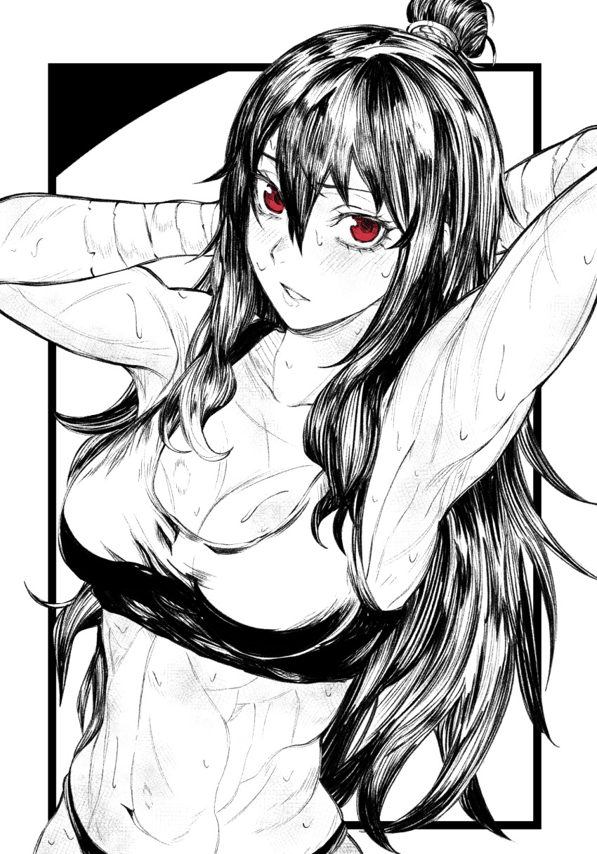 1girl abs arm_wrap armpits arms_behind_head arms_up bare_shoulders black_border black_bra black_hair black_panties blush border bra breasts cleavage collarbone commentary english_commentary greyscale hair_between_eyes highres library_of_ruina long_hair looking_at_viewer medium_breasts midriff monochrome muscular muscular_female navel nb8c open_mouth outside_border panties parted_lips project_moon red_eyes sidelocks simple_background solo sports_bra spot_color stomach sweat toned toned_female underwear upper_body very_long_hair white_background xiao_(project_moon)