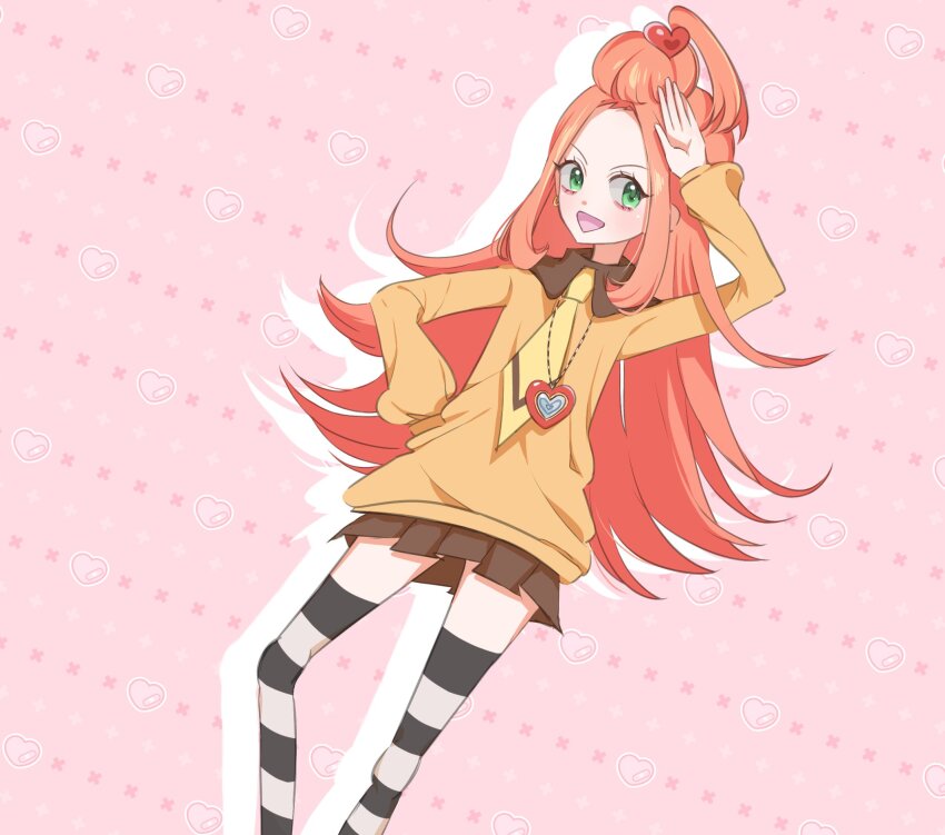 1girl chocolat_meilleure feet_out_of_frame gmddldi green_eyes half_updo hand_on_own_hip hashtag-only_commentary heart_pendant highres long_hair looking_at_viewer necktie orange_hair pink_background school_uniform skirt smile solo striped_clothes striped_thighhighs sugar_sugar_rune thighhighs