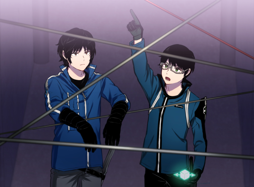 2boys arm_rest arm_up arrow_(projectile) belt black_gloves black_hair black_pants black_shirt blue_jacket brown_eyes closed_mouth cowboy_shot cube emblem futaba_08_cnmrl glasses gloves glowing green_eyes grey-framed_eyewear grey_pants jacket karasuma_kyousuke long_sleeves looking_away looking_up male_focus mikumo_osamu multiple_boys open_mouth outstretched_arms pants pointing pointing_up purple_background semi-rimless_eyewear shirt short_hair standing string sword t-shirt under-rim_eyewear uniform weapon world_trigger zipper zipper_pull_tab