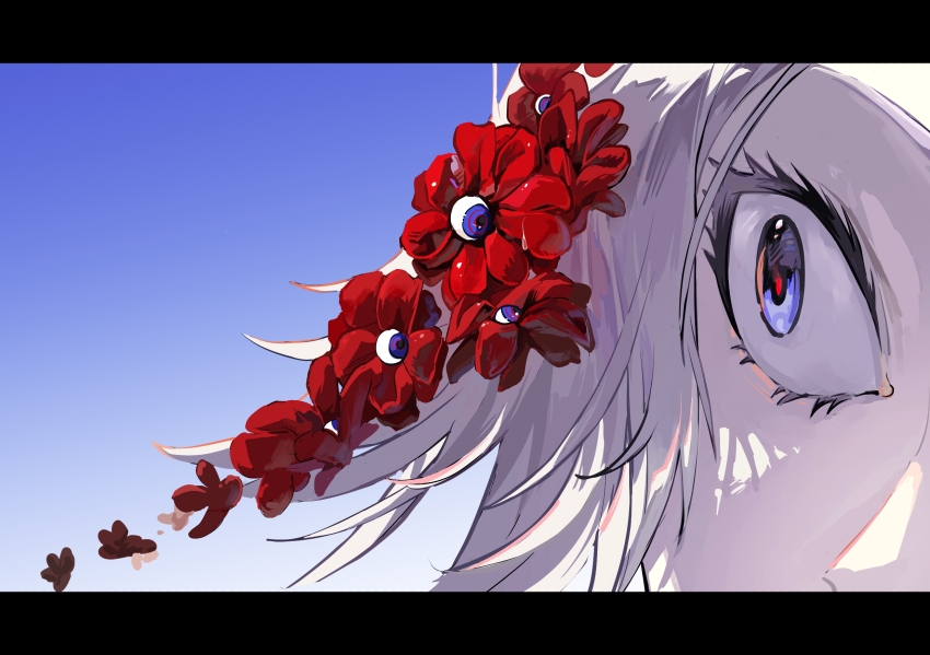 1boy aotsuki_eito blue_background blue_eyes chinese_commentary commentary_request eye_focus eyeball eyelashes flower gradient_background grey_hair highres letterboxed male_focus plantification red_flower red_pupils sumino_takumi the_hundred_line_-last_defense_academy- wide-eyed youzixiaozhu