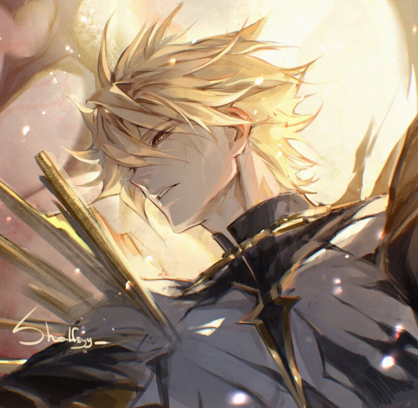 1boy alternate_form artist_name bare_pectorals black_shirt blonde_hair commentary cracked_skin english_commentary hair_between_eyes highres honkai:_star_rail honkai_(series) looking_to_the_side male_focus material_growth messy_hair neck_tattoo parted_lips pectorals phainon_(honkai:_star_rail) shalfeyy shirt short_hair solo tattoo torn_clothes torn_shirt upper_body yellow_eyes