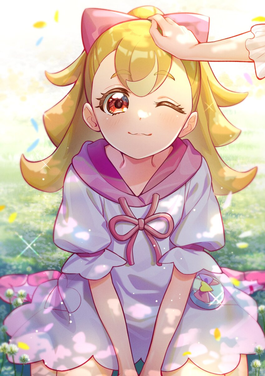 2girls :3 absurdres blurry blurry_background bow brown_hair closed_mouth dandelion dress eyelashes flower grass hair_bow headpat highres hood hood_down hooded_dress inukai_iroha inukai_komugi long_hair multiple_girls on_grass one_eye_closed outdoors pink_bow pink_dress pink_shoes ponytail precure puffy_short_sleeves puffy_sleeves red_eyes rice_rabbit22 shoes short_sleeves sitting smile sneakers solo_focus tareme wonderful_precure!