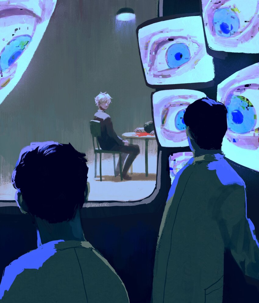 4boys black_hair black_jacket black_pants blood blue_eyes blue_light brush_stroke ceiling_light chair closed_mouth corpse dark death faceless faceless_male facing_away from_behind glitch gojou_satoru hair_over_eyes highres horror_(theme) indoors jacket jujutsu_kaisen jujutsu_tech_uniform lab_coat long_sleeves looking_at_another lunarelles male_focus monitor multiple_boys multiple_monitors one-way_mirror painterly pants scientist shadow shirt shoes short_hair sitting table twitter_username white_hair