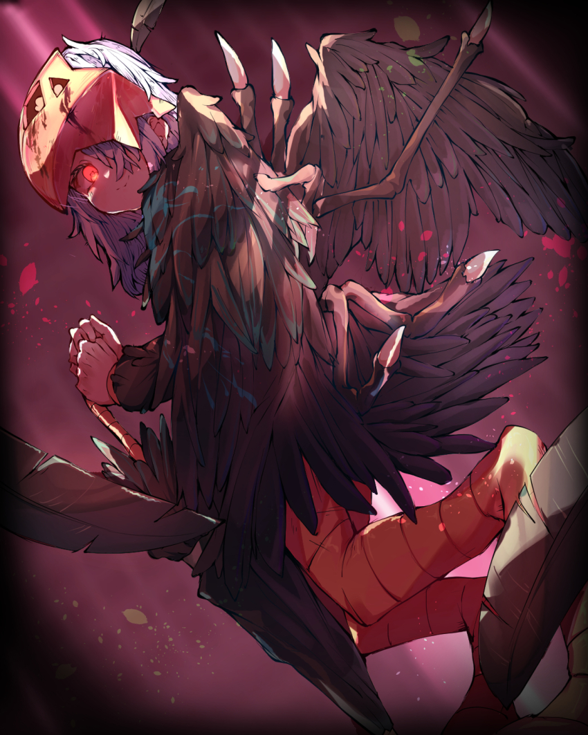 1girl angela_(project_moon) black_feathers black_swan_(e.g.o) black_wings blue_hair cymlim dream_of_a_black_swan e.g.o_(project_moon) feathered_wings feathers hair_over_one_eye helmet highres holding holding_umbrella library_of_ruina long_hair long_sleeves project_moon red_eyes sidelocks solo talons umbrella wings
