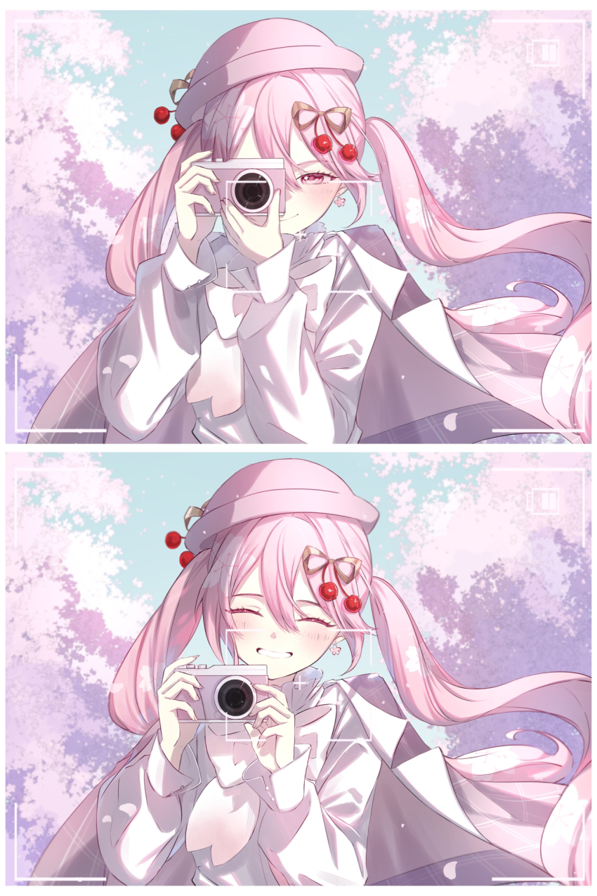 1girl beret blue_sky blush bow bowtie camera cherry_blossoms cherry_hair_ornament closed_eyes closed_mouth day eyelashes falling_petals fingernails floating_hair flower food-themed_hair_ornament grin hair_between_eyes hair_ornament hairpin hat hatsune_miku highres holding holding_camera jacket kiho-1206 long_hair long_sleeves multiple_views nail_polish one_eye_covered outdoors petals pink_bow pink_bowtie pink_eyes pink_flower pink_hair pink_hat pink_nails pink_petals sakura_miku shirt sky smile sunlight twintails viewfinder vocaloid white_shirt