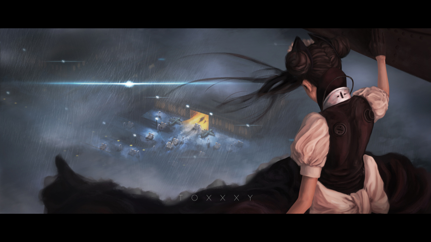 1girl agent_(girls&#039;_frontline) aircraft airplane apron artist_name black_dress black_hair diffraction_spikes dindsau double_bun dress fence floating_hair flying frilled_dress frills from_above from_behind girls&#039;_frontline hair_bun hangar highres long_hair maid maid_apron maid_headdress night puffy_short_sleeves puffy_sleeves rain robot short_sleeves soldier solo wind