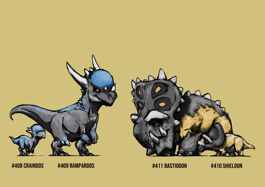 absurdres animal_focus bastiodon black_eyes blacknirrow character_name claws closed_mouth cranidos english_text evolutionary_line full_body gen_4_pokemon highres nintendo no_humans pokedex_number pokemon pokemon_(creature) rampardos realistic red_eyes shieldon simple_background sketch spikes standing yellow_background yellow_eyes