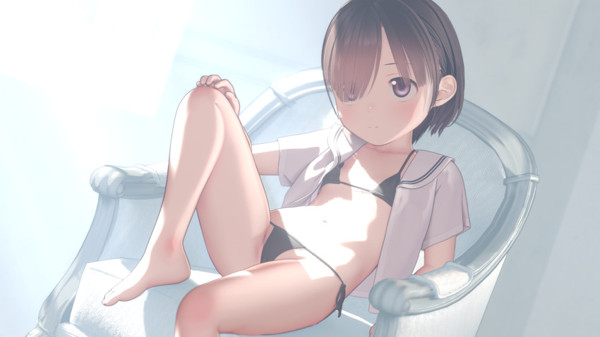 1girl 3d armchair bikini black_bikini black_hair blush chair custom_udon expressionless highres loli looking_at_viewer open_clothes open_shirt original purple_eyes sailor_collar short_hair side-tie_bikini_bottom sidelighting sitting solo swimsuit