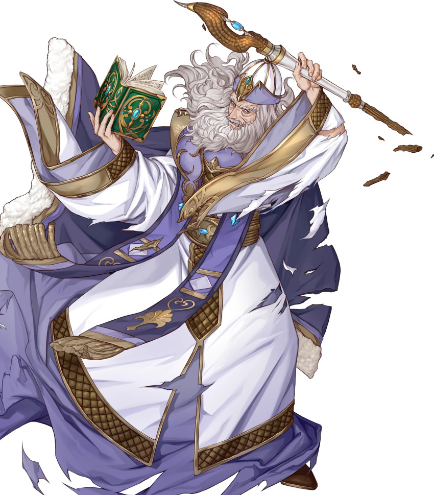 1boy beard book clenched_teeth damaged facial_hair fire_emblem fire_emblem_echoes:_shadows_of_valentia fire_emblem_heroes full_beard highres holding holding_book holding_staff long_hair nintendo nomah_(fire_emblem) non-web_source official_art open_book priest purple_sash robe sash solo staff teeth torn_clothes torn_robe white_beard white_hair white_robe