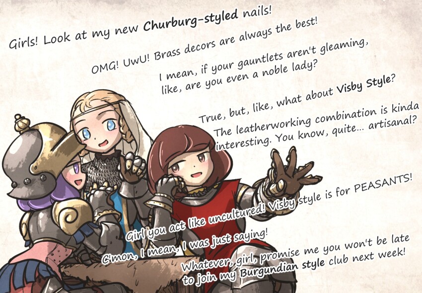 3girls armor blonde_hair blue_eyes blue_tabard brass_trim breastplate brown_eyes brown_hair chainmail circlet commentary couter cuisses elbow_on_table english_text faulds gauntlets gloves grey_armor ironlily lady_leonie_(ironlily) layered_armor leather leather_gloves looking_at_another medium_hair multiple_girls open_mouth ordo_mediare_sisters_(ironlily) paper_background pauldrons pink_shirt plate_armor poleyn purple_eyes purple_hair red_tabard rerebrace rondel sallet shirt shoulder_armor simple_background sitting tabard table tablecloth vambraces veil visor_lift white_veil wooden_table