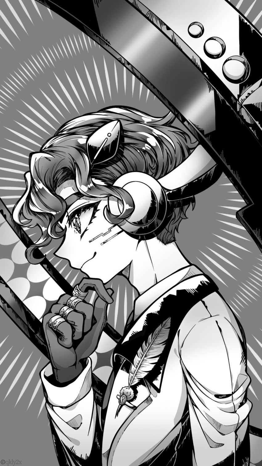 1boy closed_mouth collared_shirt curly_hair cybernetic cybernetic_parts cybernetics formal_clothes from_side gloves greyscale hand_on_own_chin high_collar highres hojicha jacket jewelry long_sleeves male_focus monochrome multiple_boys multiple_rings necktie nikola_tesla_(shuumatsu_no_valkyrie) ring robot_ears shirt short_hair shuumatsu_no_valkyrie smile solo