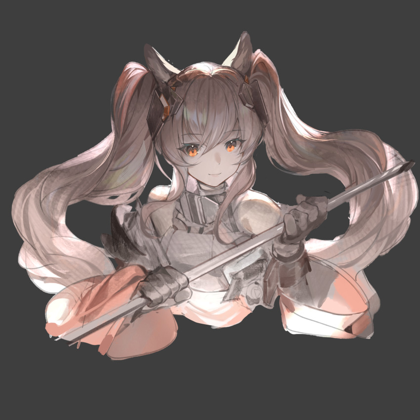 1girl angelina_(arknights) animal_ears arknights arknights:_endfield bare_shoulders black_gloves brown_hair closed_mouth commentary cropped_torso detached_sleeves fox_ears fox_girl gilberta_(arknights) gloves grey_background hair_between_eyes highres holding holding_lead_pipe lead_pipe long_hair long_sleeves looking_at_viewer orange_eyes simple_background smile solo twintails wb_yimo