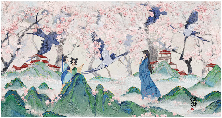 1boy 2girls architecture bird black_eyes black_hair blue_hanfu blue_ribbon blue_shawl blue_shirt brown_skirt chinese_clothes chinese_commentary commentary_request day dress east_asian_architecture face-to-face fan_to_mouth fog folded_fan folding_fan from_side full_body green_dress hair_bun hair_ribbon hand_fan hanfu high-waist_skirt highres holding holding_fan light_blush long_hair long_skirt long_sleeves multiple_girls multiple_hair_buns open_mouth original outdoors painting_(medium) pleated_skirt pointing qixiong_ruqun ribbon shawl shirt short_hair single_hair_bun skirt spring_(season) straight_hair traditional_media tree updo wide_sleeves xuzhibai