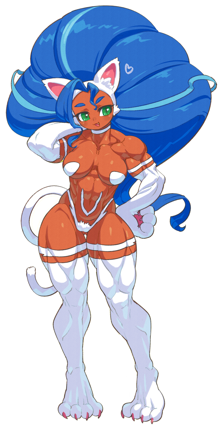 1girl abs absurdres ahoge animal_ears animal_hands biceps big_hair blue_hair breasts capcom cat_ears cat_girl cat_paws cat_tail claws dark-skinned_female dark_skin felicia_(darkstalkers) green_eyes hand_on_own_hip highres huge_ahoge kuro_(kurojill) large_breasts long_hair marvel_vs._capcom marvel_vs._capcom_3 muscular muscular_female navel open_mouth smile solo tail thick_thighs thighs toned darkstalkers white_fur