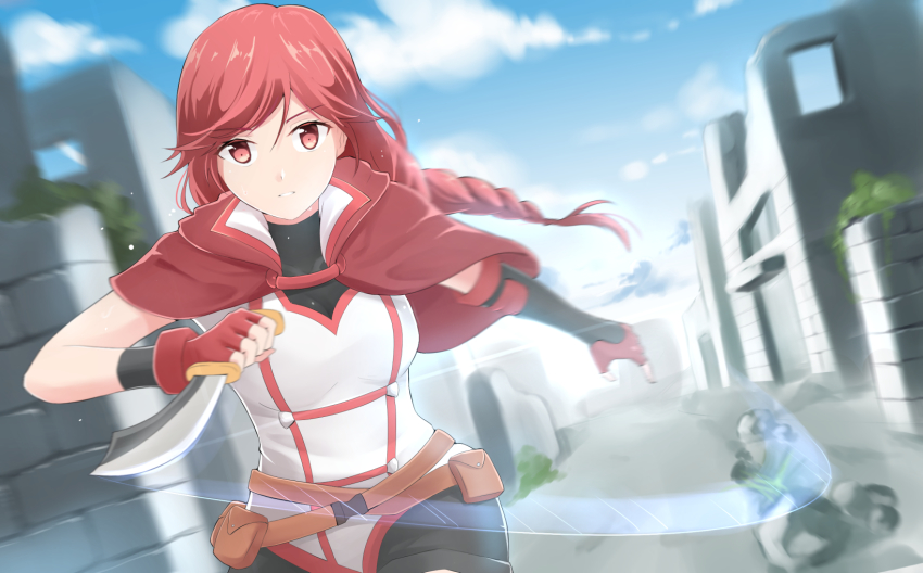 10s 1girl bad_id bad_pixiv_id braid cape dagger female_focus fingerless_gloves gloves hai_to_gensou_no_grimgar highres knife red_eyes red_hair shorts single_braid solo ucukrtz weapon yume_(grimgar)