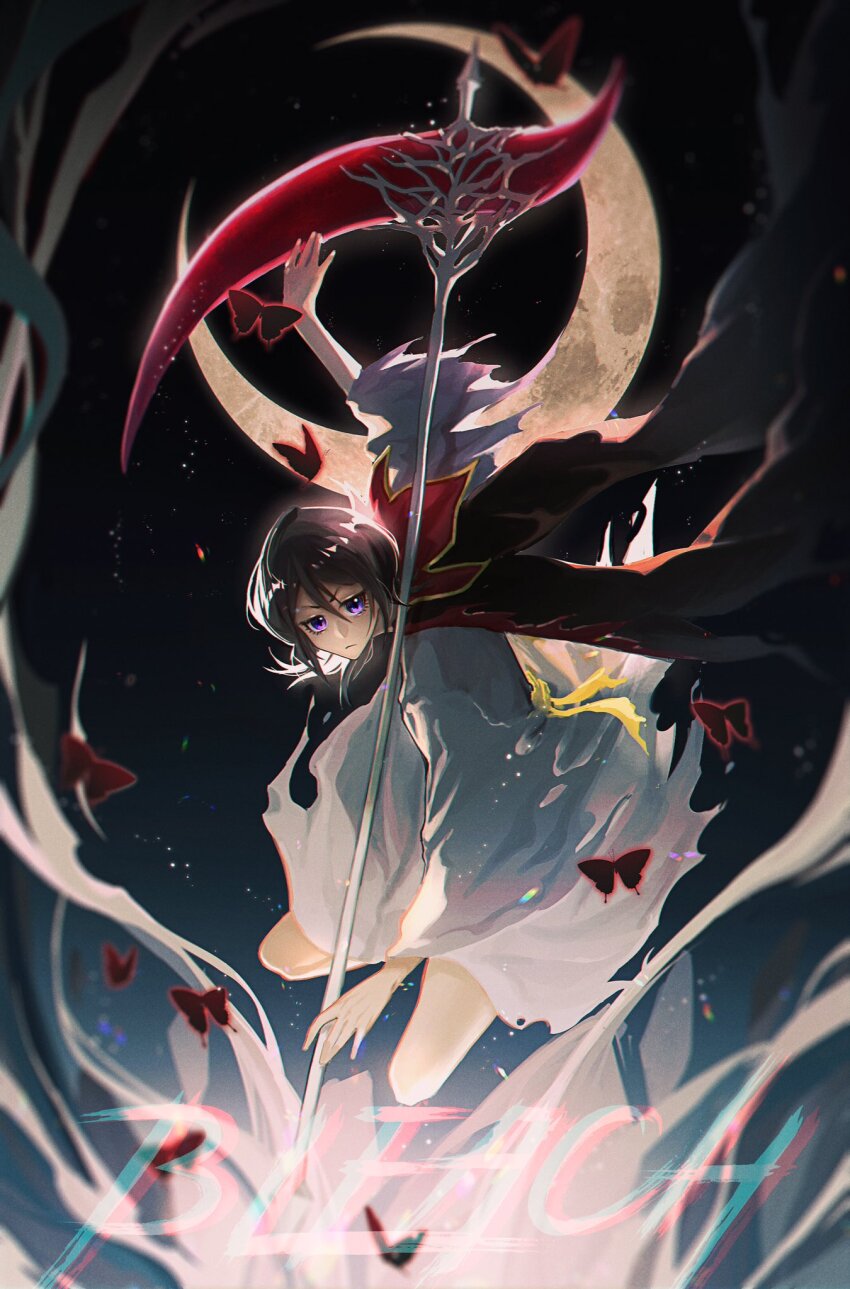 1girl alternate_costume alternate_weapon black_hair bleach bleach:_fade_to_black bug butterfly cape chinese_commentary closed_mouth commentary copyright_name crescent_moon dark_rukia floating hair_between_eyes highres holding holding_scythe insect japanese_clothes kimono kuchiki_rukia moon night night_sky official_alternate_costume over_shoulder purple_eyes sash scythe sky solo takenokoqvq torn_cape torn_clothes weapon weapon_over_shoulder yellow_sash