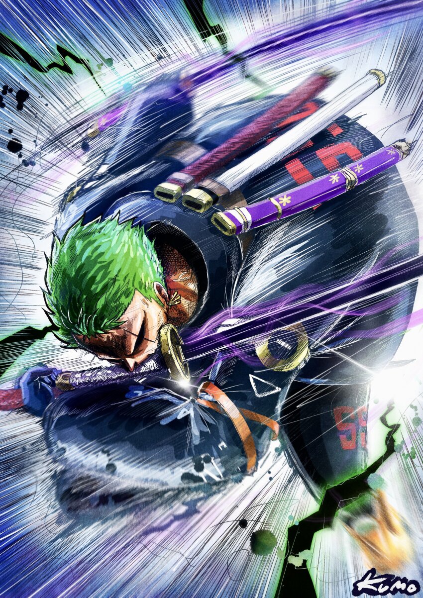 1boy absurdres artist_name black_jacket black_pants earrings green_eyes haki_(one_piece) highres jacket jewelry kumo_d7 male_focus mouth_hold one_piece pants roronoa_zoro scabbard shaded_face sheath slashing solo triple_wielding
