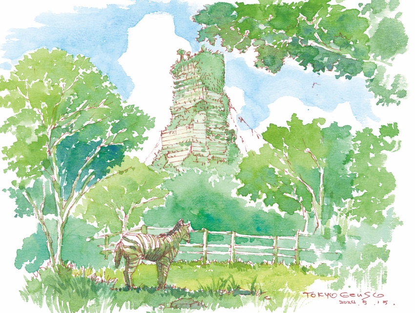 abandoned absurdres animal blue_sky cloud dated day dilapidated fence grass highres no_humans original outdoors overgrown post-apocalypse ruins signature sky tokyogenso traditional_media tree zebra