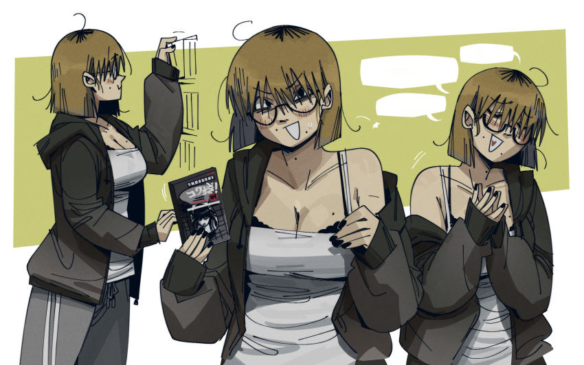 1girl black_eyes black_jacket black_nails blonde_hair blush bob_cut bra_visible_through_clothes breasts cd cleavage closed_eyes glasses grey_pants gutalalaman hair_between_eyes highres holding_cd jacket looking_at_viewer loose_hair_strand mole mole_on_breast mole_on_neck mole_under_mouth nail_polish open_mouth original own_hands_together pants short_hair solo speech_bubble tank_top teeth white_tank_top