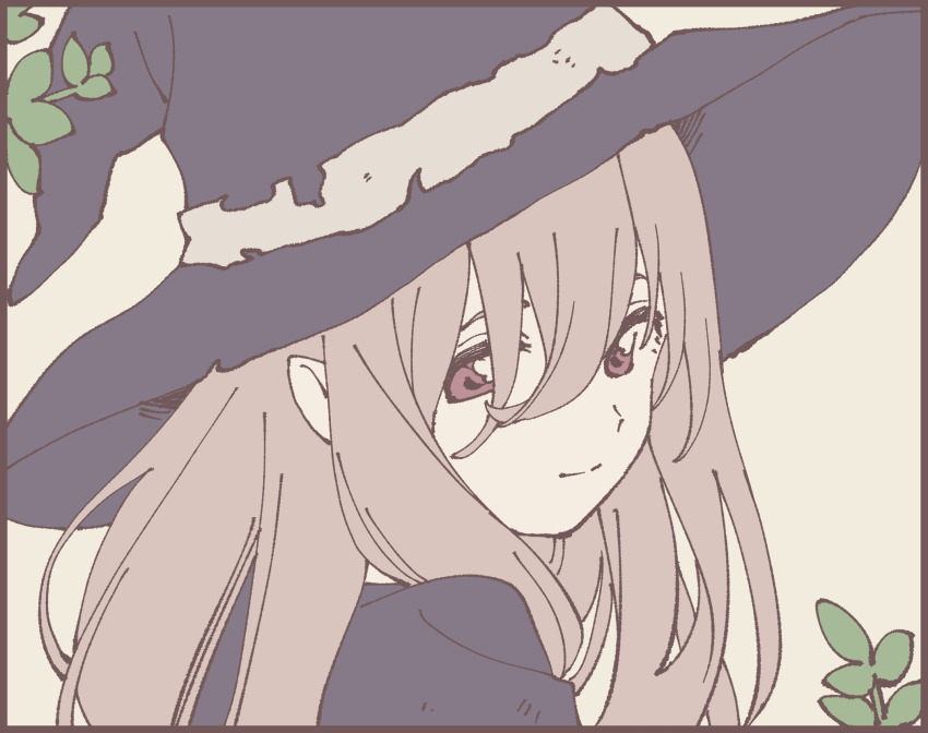 1girl black_border black_hat black_robe border brown_hair close-up closed_mouth double-parted_bangs from_behind grey_background hair_over_shoulder hat highres leaf long_hair looking_at_viewer namori original pink_eyes plant robe sidelocks simple_background smile solo witch_hat