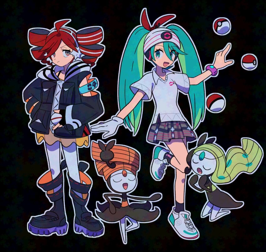 2girls gen_5_pokemon hatsune_miku highres kasane_teto legendary_pokemon meloetta meloetta_(aria) meloetta_(pirouette) multiple_girls mythical_pokemon nintendo official_alternate_costume pokemon pokemon_(creature) project_voltage psychic_miku_(project_voltage) rival_teto_(project_voltage) tyako_089 utau vocaloid