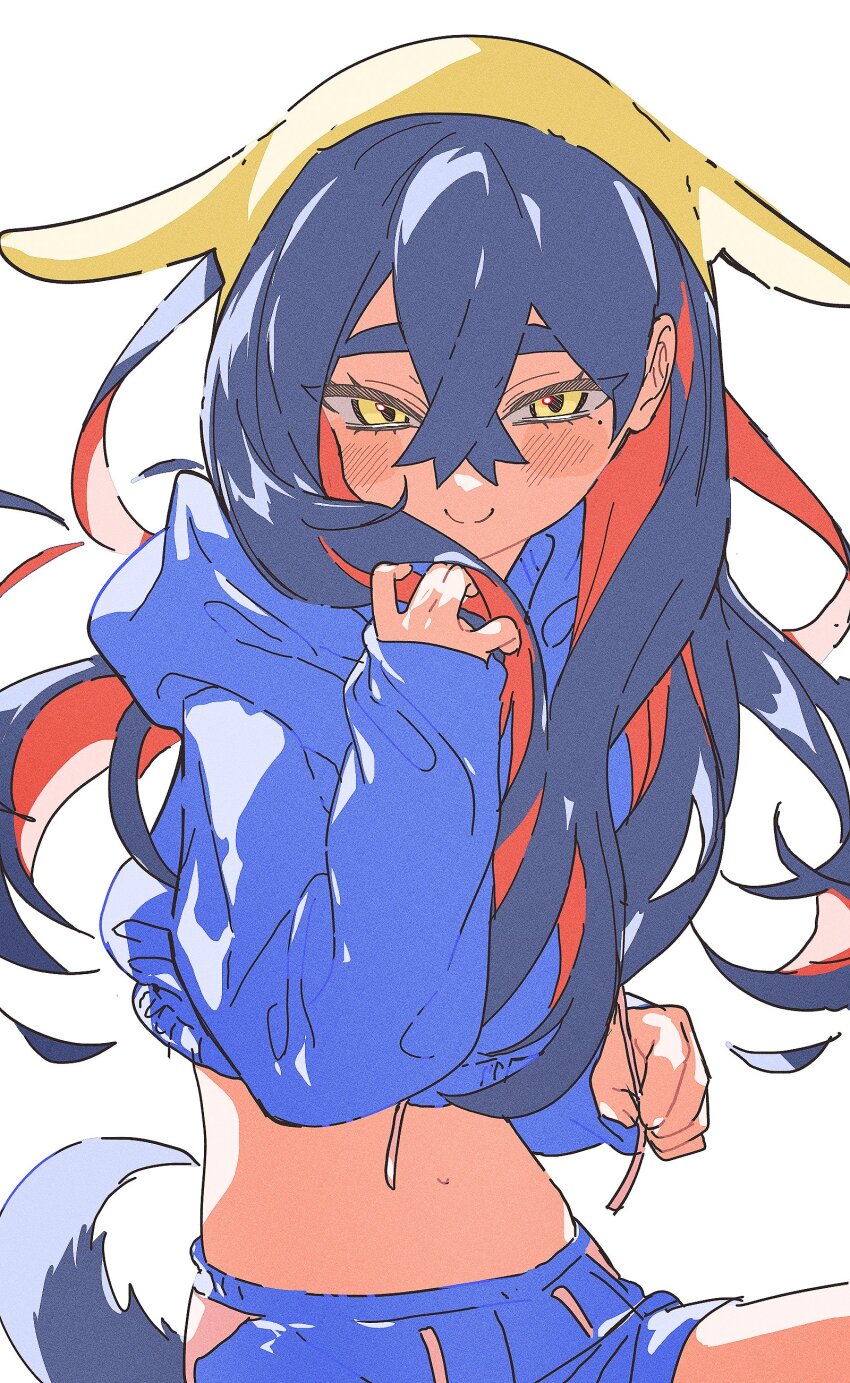 1girl 5oh5s2 absurdres alternate_costume animal_ears black_hair blue_hoodie blue_shorts carmine_(pokemon) cropped_hoodie crossed_bangs fake_animal_ears fake_tail hair_between_eyes highres hood hood_down hoodie long_hair long_sleeves looking_at_viewer mole mole_under_eye multicolored_hair navel nintendo pokemon pokemon_sv red_hair shorts simple_background smile solo tail white_background yellow_eyes
