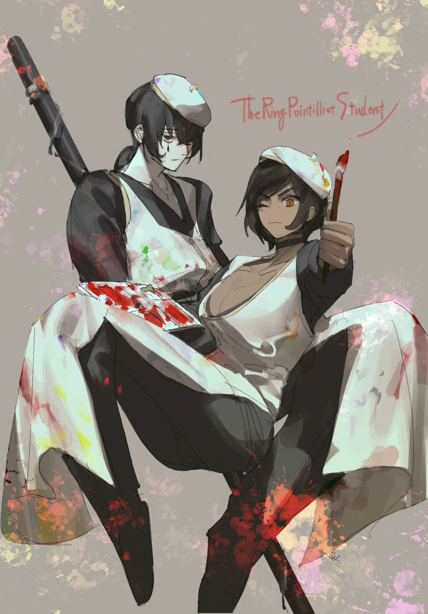1boy 1girl absurdres beret black_eyes black_hair blood blood_on_clothes blood_on_hat breasts brown_eyes brown_hair cleavage coat dark-skinned_female dark_skin grey_background hat highres holding holding_paintbrush large_breasts limbus_company looking_at_viewer low_ponytail nacaji one_eye_closed outis_(project_moon) paint_on_clothes paintbrush pale_skin ponytail project_moon ring_(identity)_(project_moon) short_hair simple_background white_coat white_hat yi_sang_(project_moon)