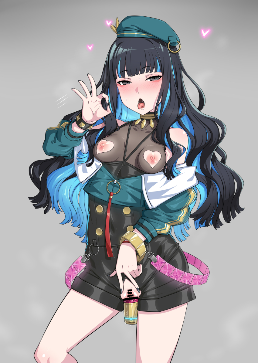 1girl absurdres bare_shoulders beret black_hair black_shorts blue_hair blush bracelet breasts buttons censored clothing_cutout colored_inner_hair commission dildo double-breasted eyeliner fate/grand_order fate_(series) fellatio gozaru green_hat green_jacket grey_eyes hat heart_cutout highres jacket jewelry long_hair long_sleeves looking_at_viewer makeup multicolored_hair neck_ring nipple_cutout nipples o-ring object_insertion off_shoulder oral pixiv_commission pussy round_eyewear sex_toy shorts sidelocks small_breasts solo sunglasses tenochtitlan_(fate) tenochtitlan_(second_ascension)_(fate) thighs vaginal vaginal_object_insertion zipper