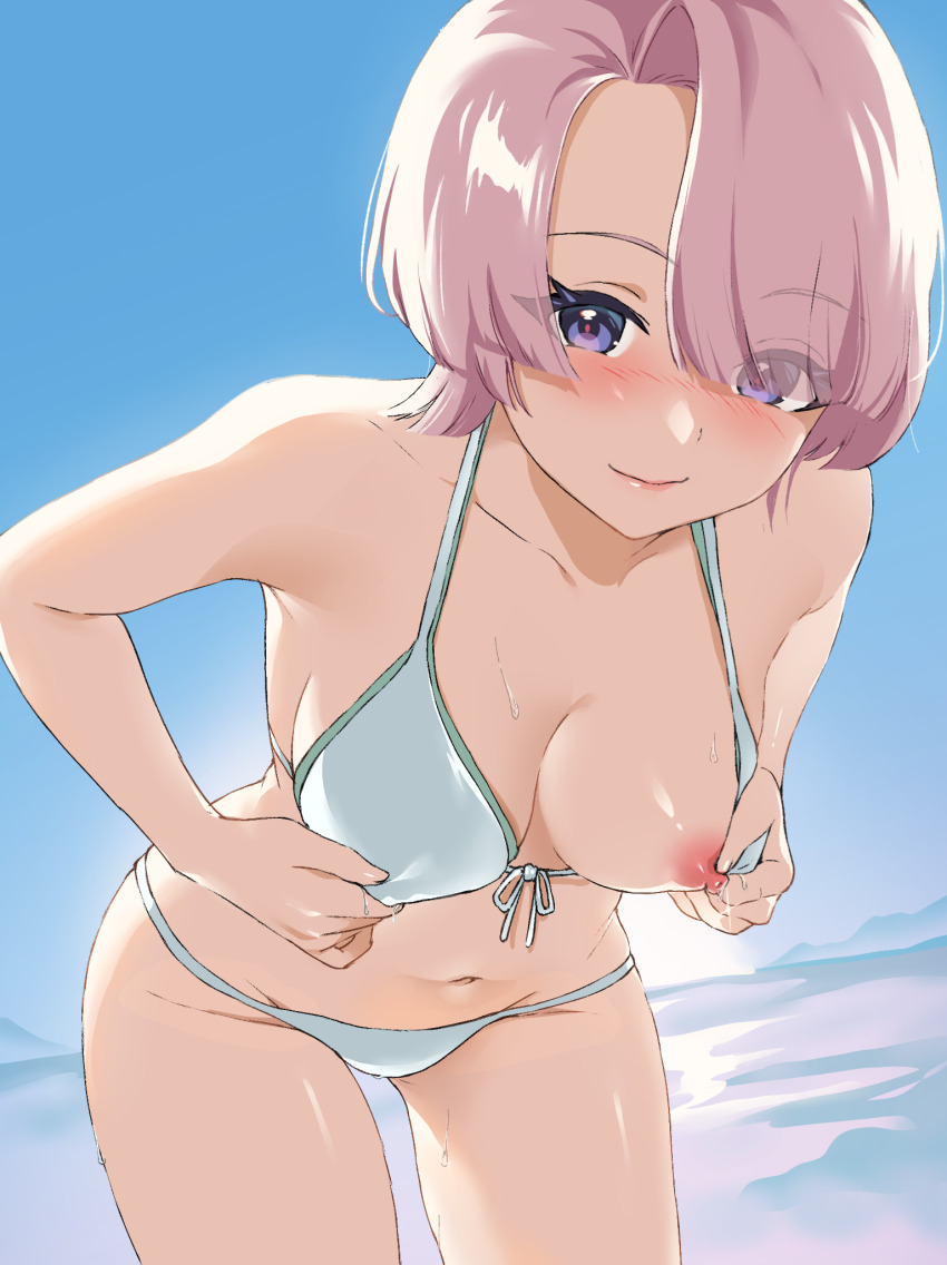 1girl arimura_mao bare_shoulders bikini blue_sky blush breasts closed_mouth collarbone commentary covered_erect_nipples day eyes_visible_through_hair front-tie_bikini_top front-tie_top gakuen_idolmaster green_bikini hair_over_one_eye highres idolmaster juni_(pixiv_112342583) looking_at_viewer medium_hair navel nipple_slip nipples ocean outdoors pink_hair pink_lips purple_eyes sky smile solo stomach swimsuit thighs