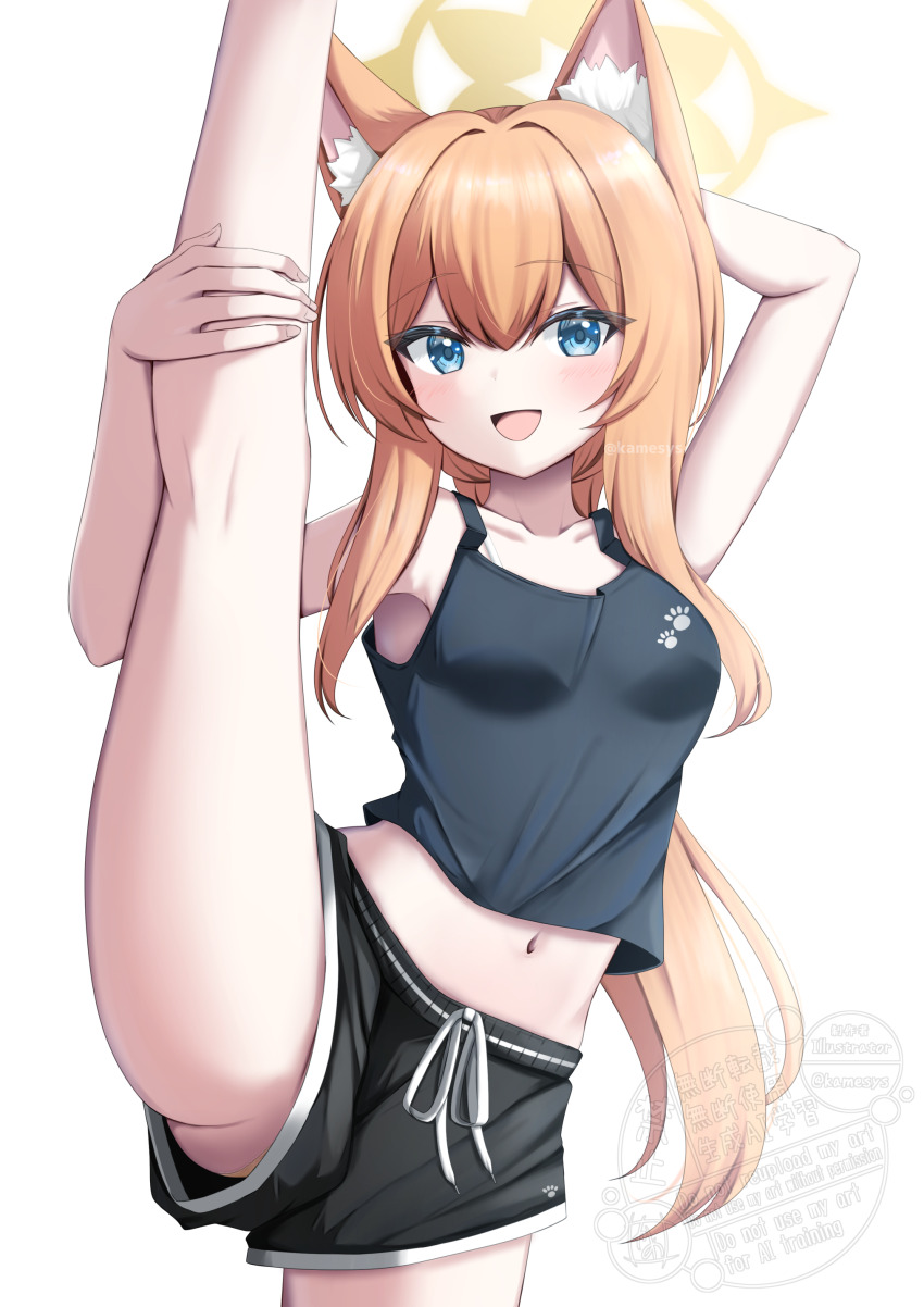 1girl :d absurdres alternate_costume alternate_hairstyle animal_ear_fluff animal_ears arm_behind_head arm_up artist_name bare_shoulders black_camisole black_shorts blue_archive blue_eyes blush breasts camisole cat_ears cat_girl collarbone commentary_request cowboy_shot dolphin_shorts feet_out_of_frame gluteal_fold hair_between_eyes hair_intakes halo hand_on_own_leg happy highres kamesys kneepits leg_up long_hair looking_at_viewer mari_(blue_archive) midriff navel open_mouth orange_hair orange_panties paid_reward_available panties panty_peek paw_print ponytail shorts sidelocks simple_background small_breasts smile solo spaghetti_strap split standing standing_on_one_leg standing_split thighs tsurime twitter_username underwear very_long_hair watermark white_background yellow_halo