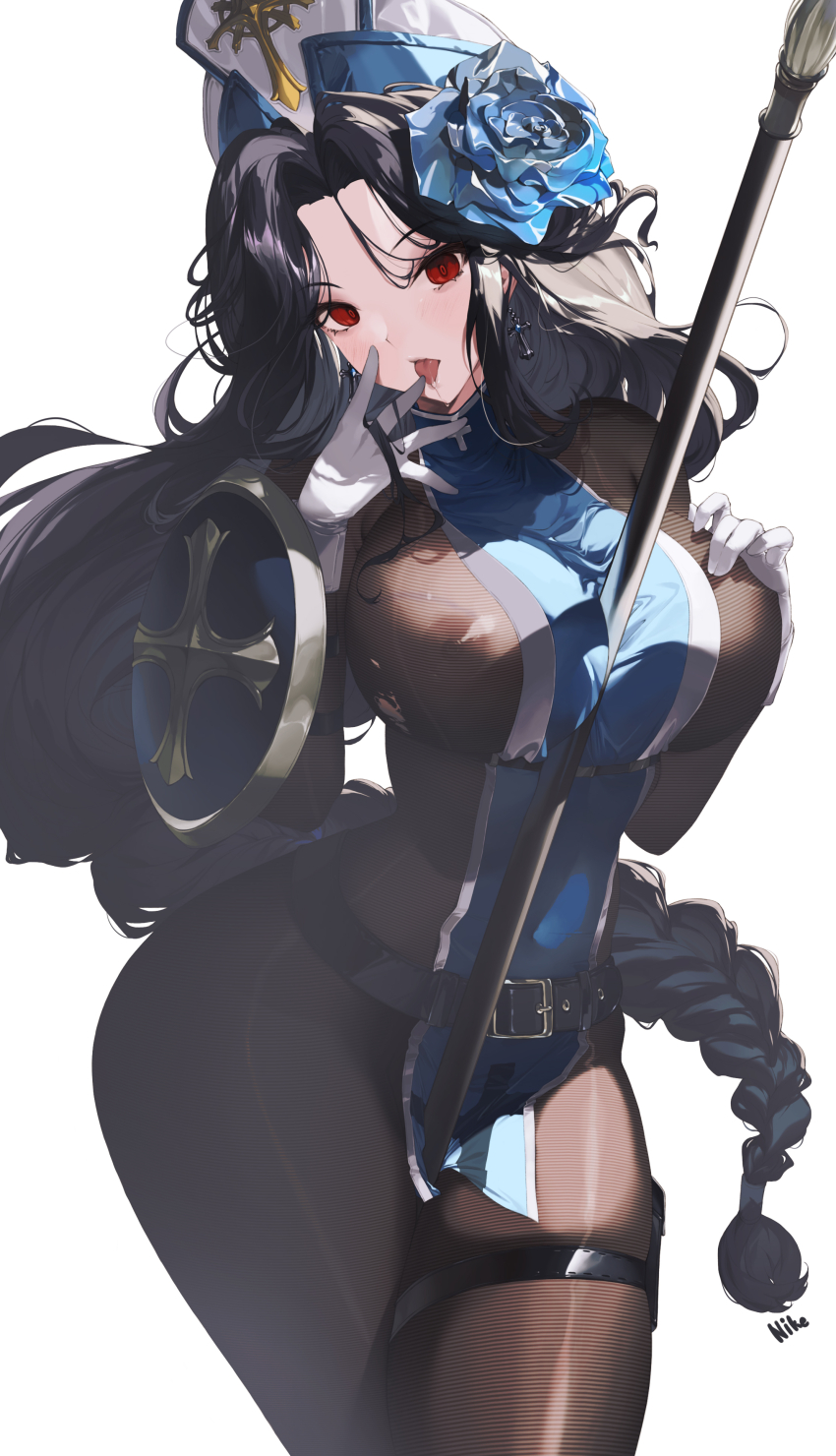 1girl absurdres black_hair bodystocking braid braided_ponytail breasts covered_erect_nipples cross cross_earrings earrings goddess_of_victory:_nikke hat highres ice_flower jewelry maiden_(ice_rose)_(nikke) maiden_(nikke) nike_(nike1060) nipples official_alternate_costume red_eyes see-through_bodystocking see-through_clothes simple_background solo tongue tongue_out torn_bodystocking torn_clothes white_background