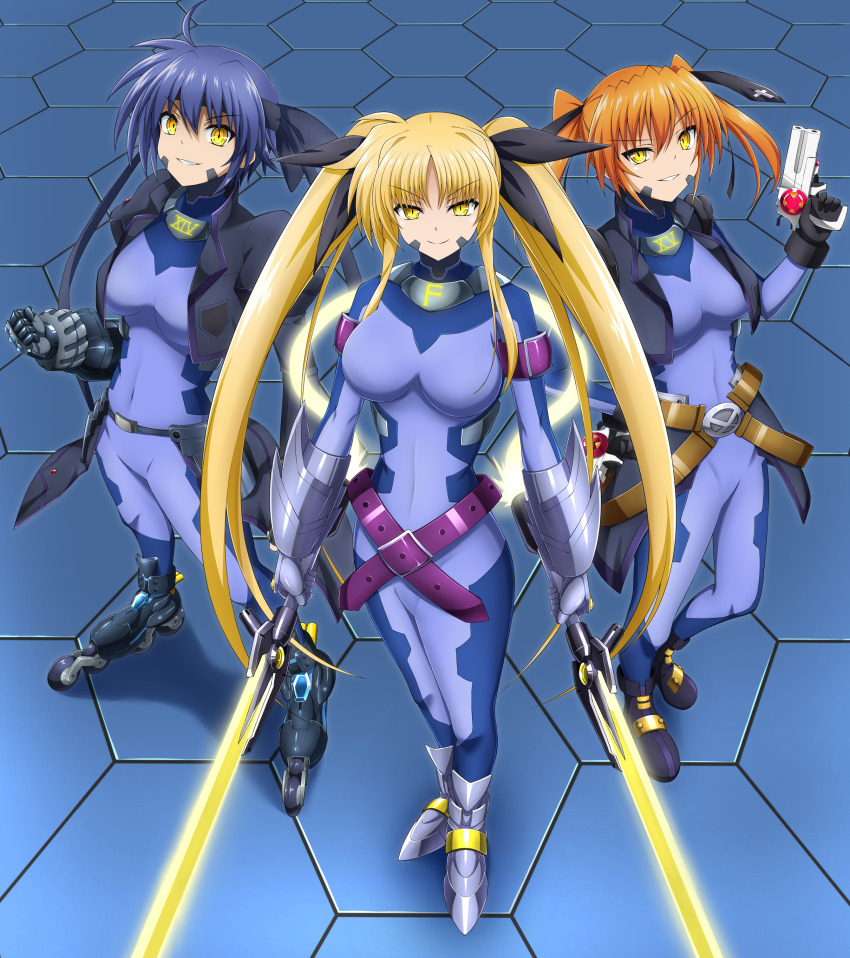 3girls absurdres alternate_eye_color armored_boots bardiche_(nanoha) bardiche_(riot_zanber_stinger)_(nanoha) belt blonde_hair blue_bodysuit blue_hair bodysuit boots breasts commission corruption cropped_jacket dark_persona dual_wielding evil_grin evil_smile fate_testarossa full_body gauntlets grin gun hair_ribbon handgun headband hexagon highres holding holding_gun holding_sword holding_weapon long_hair looking_at_viewer lyrical_nanoha mahou_shoujo_lyrical_nanoha_strikers medium_breasts medium_hair mind_control multiple_girls numbers&#039;_uniform numbers_(nanoha) orange_hair oshimaru026 pixiv_commission ribbon roller_skates short_hair skates skin_tight smile standing subaru_nakajima sword teana_lanster twintails two-tone_bodysuit very_long_hair very_short_hair weapon yellow_eyes