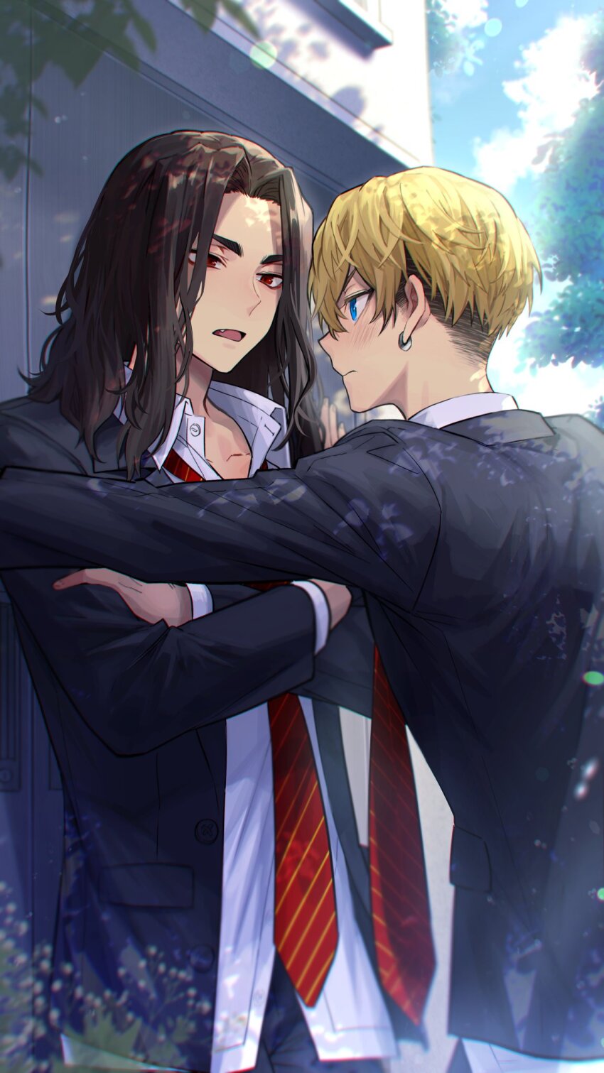 2boys baji_keisuke black_hair blonde_hair blue_eyes blue_jacket blue_pants blush collared_shirt cowboy_shot day earrings highres jacket jewelry kabedon long_hair long_sleeves looking_at_another male_focus matsuno_chifuyu multiple_boys nanin necktie open_mouth outdoors pants profile red_eyes red_necktie school_uniform shirt single_earring standing tokyo_revengers undercut v-shaped_eyebrows white_shirt yaoi