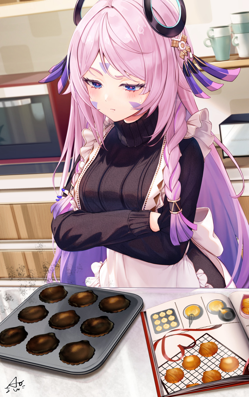 1girl absurdres apron asahi_(vjss4548) black_sweater blue_eyes book braid burnt_food chocolate_mold citlali_(genshin_impact) closed_mouth commentary_request cookbook crossed_arms dutch_angle floating_headgear forehead genshin_impact headgear highres indoors long_hair long_sleeves nail_polish open_book parted_bangs pink_hair pink_pupils purple_nails ribbed_sweater ring_hair_ornament side_braid signature solo sweater triangle_print turtleneck turtleneck_sweater twin_braids valentine white_apron