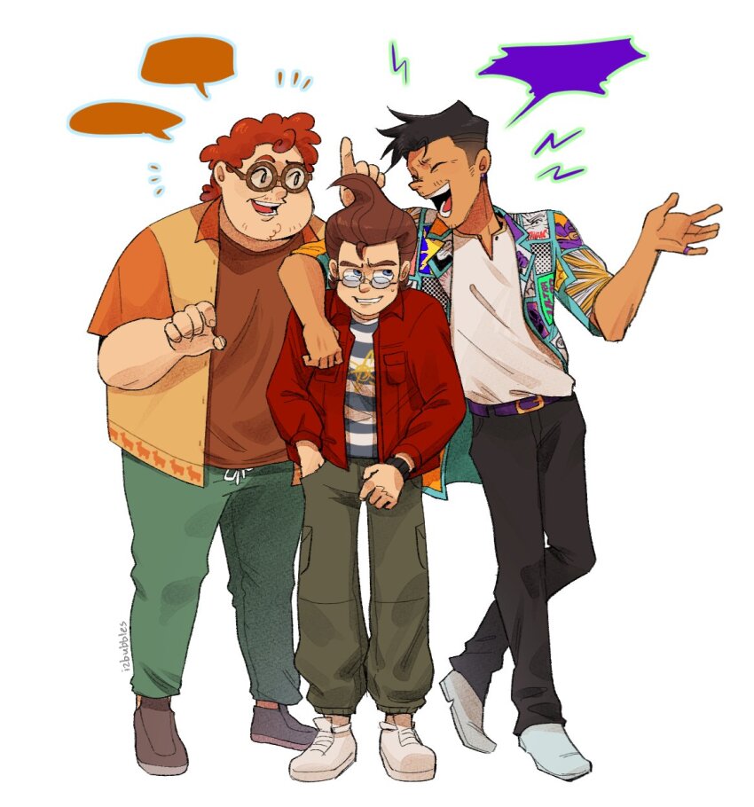 3boys aged_up black_hair brown_hair carl_wheezer full_body glasses highres izzy_(izbubbles) jimmy_neutron jimmy_neutron_(series) male_focus multiple_boys orange_hair pants sheen_estevez shirt smile teeth