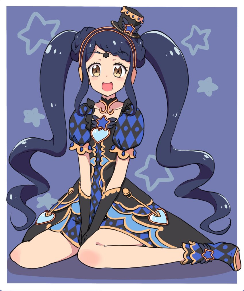 1girl :d bad_id bad_twitter_id black_gloves blue_background blue_boots blue_dress blue_hair boots border braid braided_bangs cbgb commentary_request dress full_body garara_s_leep gloves hat head_chain headphones highres idol_clothes idol_time_pripara jewelry long_hair looking_at_viewer mini_hat mini_top_hat open_mouth own_hands_together pretty_series print_dress pripara puffy_short_sleeves puffy_sleeves short_sleeves sitting smile solo star_(symbol) star_symbol_background symbol-shaped_pupils top_hat twintails very_long_hair wariza white_border yellow_eyes