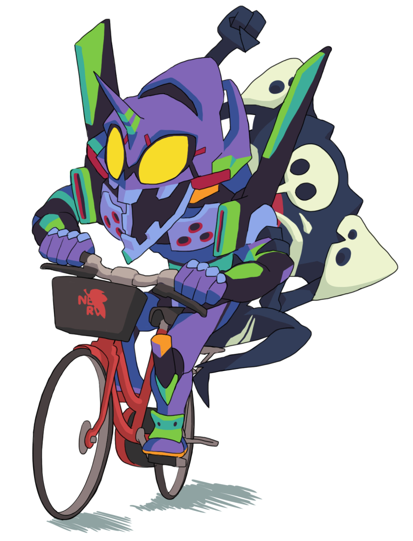 angel_(evangelion) bicycle black_eyes eva_01 evangelion_(mecha) gashi-gashi highres neon_genesis_evangelion no_humans open_mouth riding riding_bicycle sachiel_(evangelion) simple_background solid_eyes white_background yellow_eyes