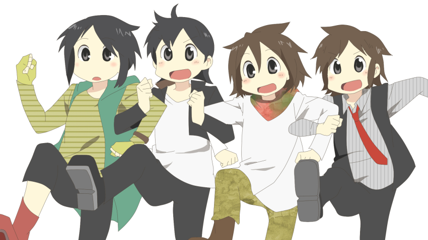 4boys arawi_keiichi_(style) black_hair byako_(srktn) fingerless_gloves gakuran gloves hidari_shoutarou highres hino_eiji hyadain_no_joujou_yuujou kamen_rider kamen_rider_fourze_(series) kamen_rider_ooo_(series) kamen_rider_w kisaragi_gentaro kisaragi_gentarou male_focus multiple_boys necktie nichijou parody philip philip_(kamen_rider) school_uniform shirokitsune_(rin02ituki) shoes short_hair simple_background style_parody tokisadame_school_uniform white_background