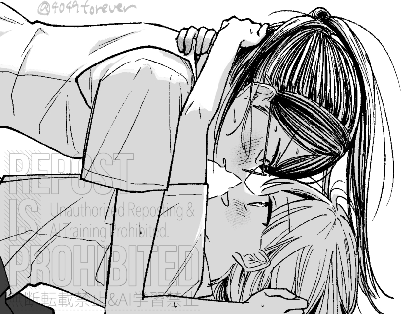 2girls arms_around_neck blush commentary eye_contact glasses greyscale looking_at_another monochrome multiple_girls original parted_lips school_uniform short_sleeves smile sweat twitter_username watermark yomogimochi_(4049forever) yuri