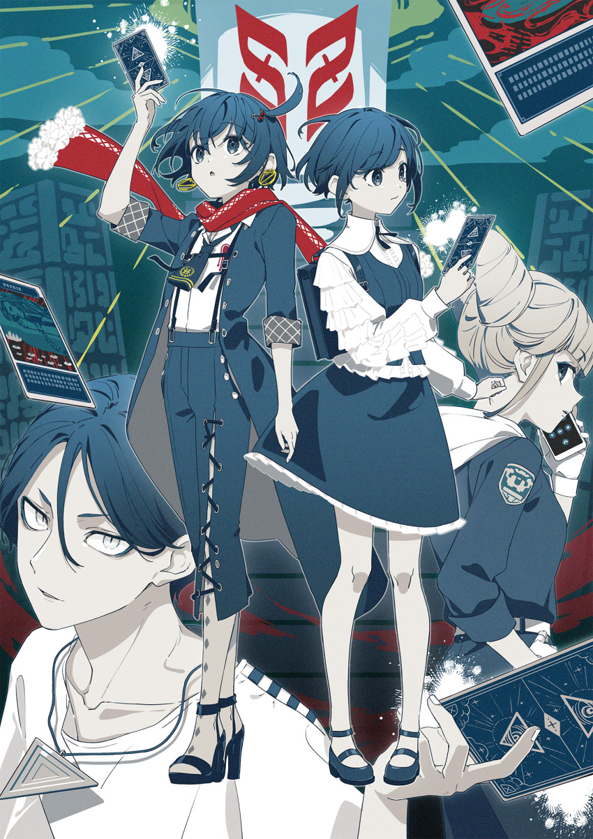 1other 2boys 2girls arm_up backpack bag card cloud coat collared_shirt commentary_request cone_hair_bun crossover double_bun earrings frilled_shirt frilled_sleeves frills fukurai_azami full_body hair_between_eyes hair_bun high_heels highres holding holding_card holding_phone jacket jewelry limited_palette long_sleeves looking_at_viewer looking_back mashiro_meme mashiro_meme_(1st_costume) meguriya_ayumu multiple_boys multiple_girls nakamuraryou necklace nijisanji open_clothes open_coat open_mouth pants phone profile samezima_admin scarf shirt short_hair standing jasmine_(toshi_densetsu_kaitai_center) toshi_densetsu_kaitai_center trap triangle_necklace virtual_youtuber