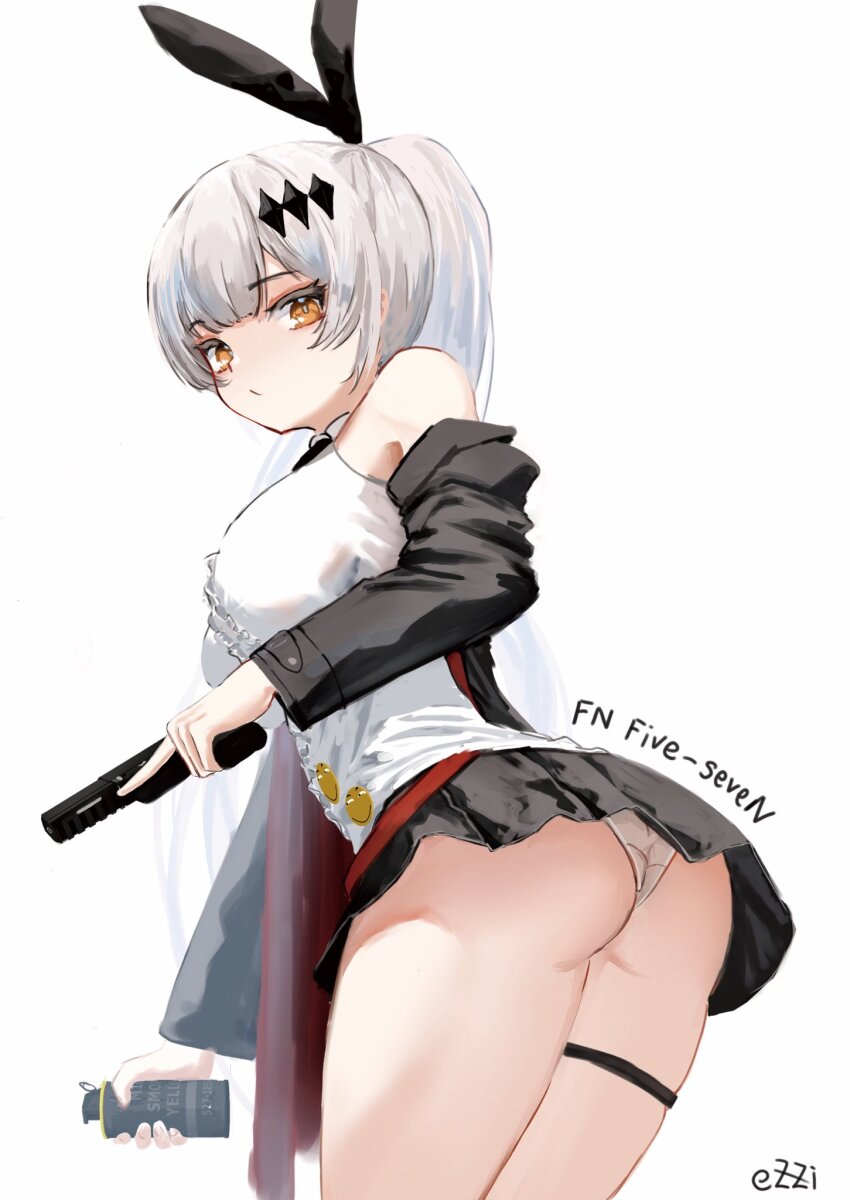 bare_shoulders black_bow black_bowtie black_ribbon bow bowtie ezzi five-seven_(girls&#039;_frontline) fn_five-seven girls&#039;_frontline gun hair_ornament hair_ribbon handgun high_ponytail highres huaji leg_ribbon ponytail rabbit_hair_ornament ribbon thigh_ribbon thigh_strap weapon white_hair yellow_eyes