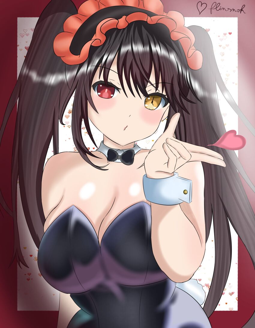 absurdres black_hair blush breasts cleavage date_a_live flinsnok heterochromia highres looking_at_viewer rabbit rabbit_ears rabbit_tail red_eyes tokisaki_kurumi twintails
