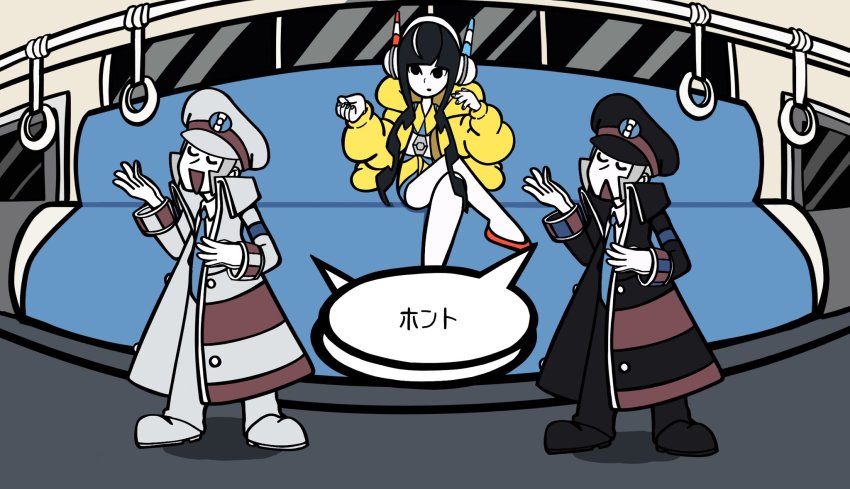 1girl 2boys battle_subway black_coat black_footwear black_headwear black_pants blue_necktie blunt_bangs coat elesa_(pokemon) emmet_(pokemon) fur_jacket grey_hair hand_grip hat headphones highres ingo_(pokemon) jacket long_sideburns long_sleeves minna_no_rhythm_tengoku multiple_boys necktie nintendo pants parody peaked_cap pokemon pokemon_bw2 rhythm_tengoku safe_2256 shirt short_hair_with_long_locks sideburns speech_bubble style_parody subway takeuchi_kou_(style) train_interior trench_coat white_coat white_footwear white_headwear white_pants white_shirt yellow_jacket